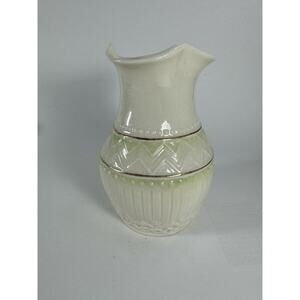 Vintage Belleek Chevron Embossed Ivory & Green Vase Brown 7th Mark 1980 - 1993
